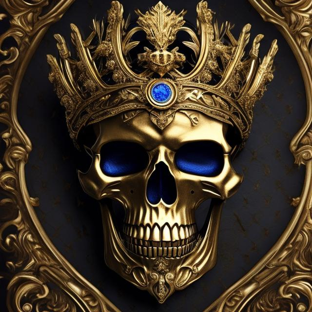 Prompt: Skeleton regal blue highlights golden accent crown pirate hyper realistic 