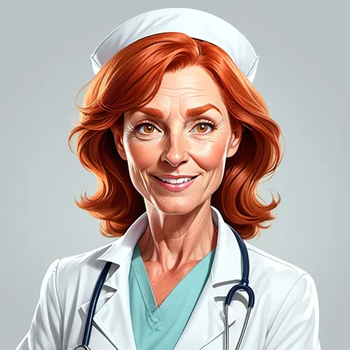 Prompt: cartoon style illustration, (whole body), 50-year-old red-haired nurse,broun eyes, wearing a crisp white nurse coat, no stetooscope,  standing confidently, bright and vibrant color palette, friendly whitebackground, (digital art), clean lines, playful details, high-quality digital rendering.