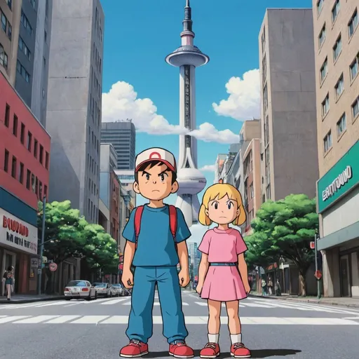 Prompt: Dorisamon:The Movie Bobby and The Steel Troops Bobby and Sydney From Earthbound Standing in Huge City🇯🇵