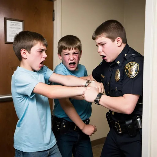 Prompt: Bad kids Punching chowder in the face big kids children teenage kids flying out the door in high school police man fighting each other kids they put their handcuffs crying 