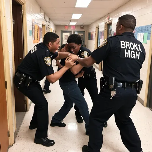 Prompt: P17X @ 1425X Bronx Avalon High School Center🏫 interior Bad kids Punching chowder in the face big kids children being loud immediately loud sound teenage kids flying out the door in high school police officer man fighting each other kids they put their handcuffs crying tears