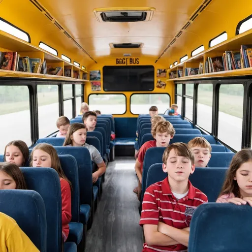 Prompt: The Teenage Big Kids are Sleeping on The Big School Bus interior in 2026🇺🇸