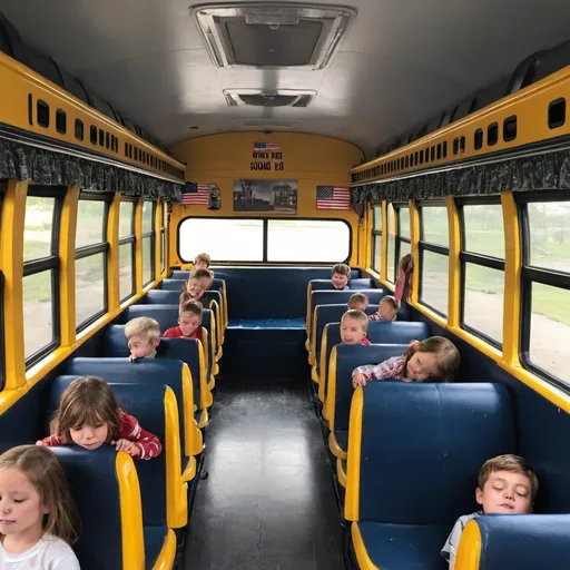Prompt: The Kids are Sleeping on The Big School Bus interior in 2026🇺🇸