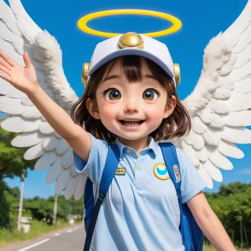Prompt: anime cartoon dorisamon bobby safari smiling with angel wings and halo waving goodbye🇯🇵