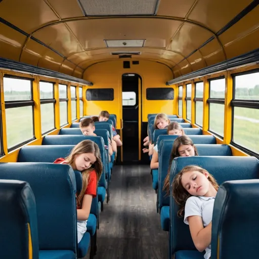 Prompt: The Teenage Big Kids are Sleeping on The Big School Bus interior 