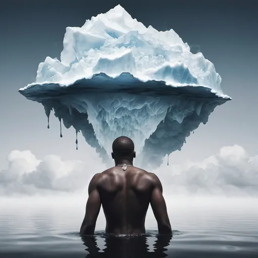 Prompt: create me a cover for a rap album named iceberg and musr depict a person that is drownin and before die a cloud appears above his head and this cloud reflects the image of a closed chest 