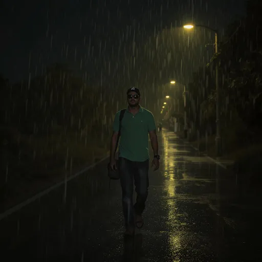 Prompt: "Create a 1-minute cinematic video of a man walking alone down a dimly lit, wet road at night while it rains. He wears a green polo shirt, dark jeans, a black cap, sunglasses, and carries a shoulder bag. The streetlights create a warm glow that reflects off the wet pavement, adding a moody and dramatic tone. The scene should feel introspective and atmospheric, with slow-motion raindrops, ambient rain sounds, and a melancholic background score. Include close-up shots of his face, slow tracking shots from behind and in front, and bokeh effects from the streetlights. Emphasize the feeling of solitude, mystery, and resilience."


---

Let me know if you'd like a Burmese version too or if you want to adjust the mood (e.g., more hopeful, darker, or romantic).
