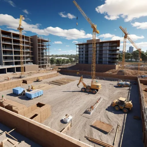 Prompt: Can you please generate a highly detailed 3d image of a construction site being prepared for an apartment building project in Australia.  The image should show activity during the preparation stage.  The sky should be nice and blue, with clouds in the background.