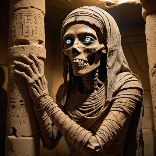Prompt: In the dimly lit depths of an ancient tomb, a fearsome mummy emerges from the shadows. Its bandaged form is tattered and worn, hinting at centuries of entombment. The mummy's skeletal hands protrude from the wraps, clutching an ornate scepter adorned with hieroglyphics. Wisps of ethereal energy swirl around the mummy, lending an otherworldly aura to its presence.

Its eyes, though sunken and hollow, emit a faint, eerie glow, revealing a hint of the cursed power that animates it. The mummy's face is contorted in a permanent grimace, conveying both ancient wisdom and eternal anguish.

In the background, crumbling stone pillars and hieroglyph-covered walls add to the atmosphere of ancient mystery and danger. Dust and cobwebs hang in the air, suggesting that few have dared to tread this forgotten path.

This mummy, once a guardian of the tomb, now serves as a formidable foe for any brave adventurer who dares to disturb its slumber.