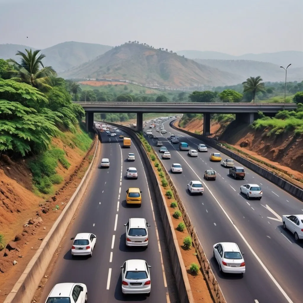 Prompt: Realistic photograph like image of mumbai pune expressway. Bright and cheerful. Photorealistic 