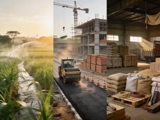 Prompt: Create a 6–8 second vertical cinematic video (9:16 aspect ratio) showing multiple rural and semi-urban work environments without any humans present.

Scene 1:
A lush green agricultural field at sunrise, light mist in the air, irrigation water flowing slowly through the crops, gentle wind moving the plants, soft golden lighting.

Scene 2:
A construction site with partially built concrete structures, scaffolding, bricks neatly stacked, a crane slowly rotating, dust particles floating in sunlight.

Scene 3:
A road construction scene with a freshly laid asphalt road, road roller parked, traffic cones aligned, heat waves slightly visible from the surface.

Scene 4:
A warehouse (godown) interior with large stacks of grain bags and boxes, organized loading area, subtle light rays entering through windows, slight movement of hanging tarps.

Scene 5:
Close-up of goods logistics — sacks being arranged, wooden pallets, ropes, and tools placed neatly (no human presence).

Style:
Ultra-realistic, cinematic lighting, soft depth of field, natural colors, rural Indian environment tone.

Camera:
Slow smooth cinematic movements (pan, tilt, slight zoom), no abrupt cuts.

Mood:
Calm, productive, grounded, representing real working environments.

Avoid:
No humans, no text overlays, no logos, no unrealistic elements.
