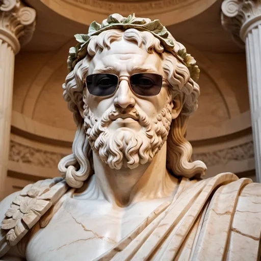 Prompt: Statue of Dionysus wearing stylish sunglasses, marble sculpture, ancient Greek mythology, detailed facial features, realistic texture, high quality, classic art, warm lighting, iconic sunglasses, intricate carving, vintage, artistic masterpiece