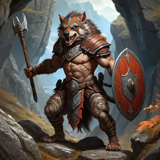 Prompt: Gnoll, action with club and shield, fantasy art