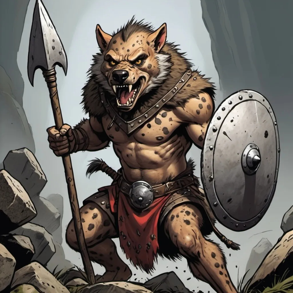 Prompt: gnoll, action with spear and shield, comic book style art