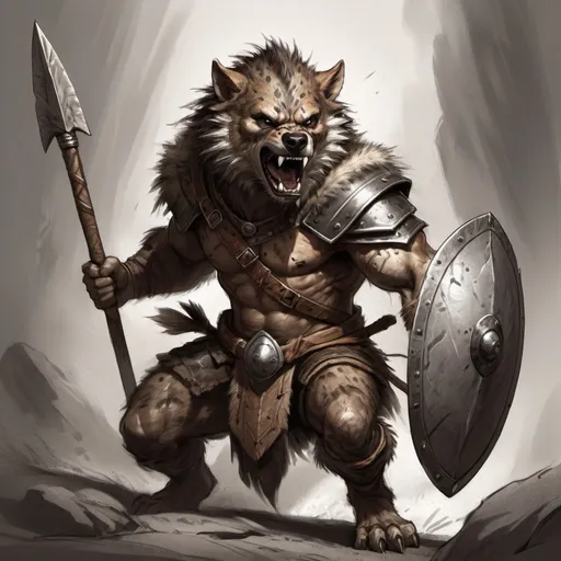 Prompt: Gnoll, action with spear and shield, sketch style art