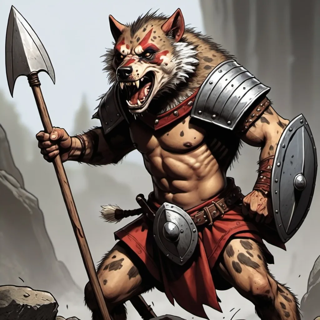 Prompt: gnoll, action with spear and shield, comic book style art