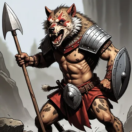 Prompt: gnoll, action with spear and shield, comic book style art