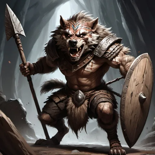 Prompt: Gnoll, action with spear and shield, sketch style art