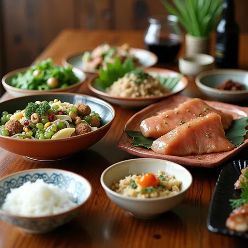 Prompt: 日本人に受け入れられるような薬膳料理がテーブルに並んでいる写真。