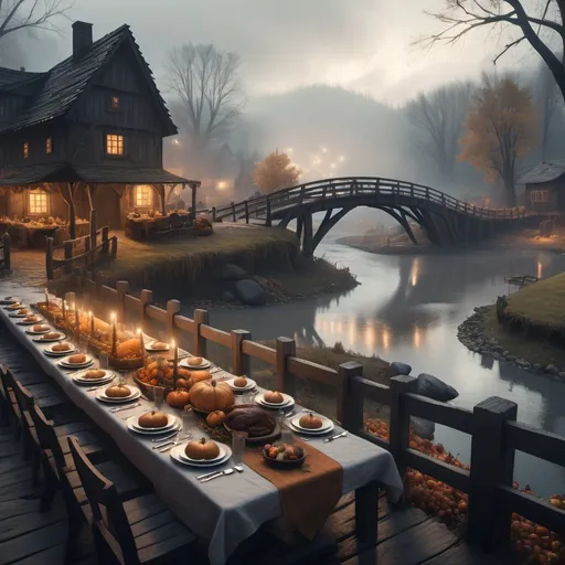 Prompt: A large outdoor Thanksgiving dinner at a small settlement, foggy, bridge and river, dramatic fantasy settlement scene, cinematic lighting.