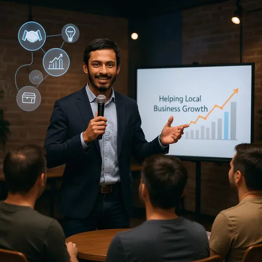 Prompt: A confident young man standing upright, passionately giving a business presentation. In his right hand, he is speaking into a microphone. In his left hand, he holds a presentation remote, pointing toward a screen showing business growth strategies. He is dressed in smart casual or business attire. In front of him, several local business owners — small shopkeepers, local entrepreneurs — are seated and attentively listening. The scene includes floating service icons like handshake, lightbulb, graph arrows, and toolbox to represent business support. The background is a warm, urban community setting, with soft spotlights and a cinematic mood. The atmosphere feels empowering, inspiring, and focused on helping local businesses grow in the USA.