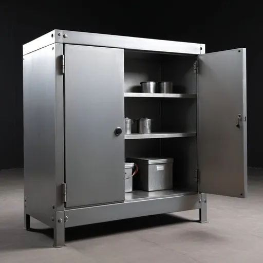 Prompt: 
Here's how you can describe the project to an AI drawing tool:

I need to weld a metal cabinet with the following specifications:

Length: 150 centimeters
Width: 80 centimeters
Height: 120 centimeters
Design: Double-layered with a single door
Style: Industrial, consisting of simple rectangular metal plates welded together
Finish: No decorations or additional features
Please ensure to label the dimensions (length, width, and height) on the drawing. The cabinet should have a functional, straightforward design with no embellishments, constructed from various metal sheets welded together.
