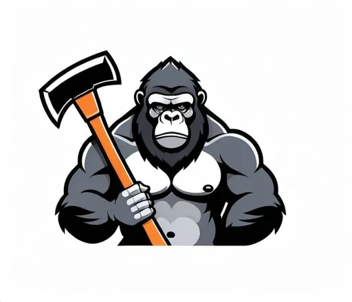 Prompt: Stylized gorilla mascot holding an axe vector flat logo, simple lines, cute cartoon illustration, white backdrop