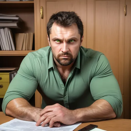 Prompt: attractive burly russian man, mid thirties, yellowish green eyes, dark hair fitted to his sharp features, sitting behind an oak desk