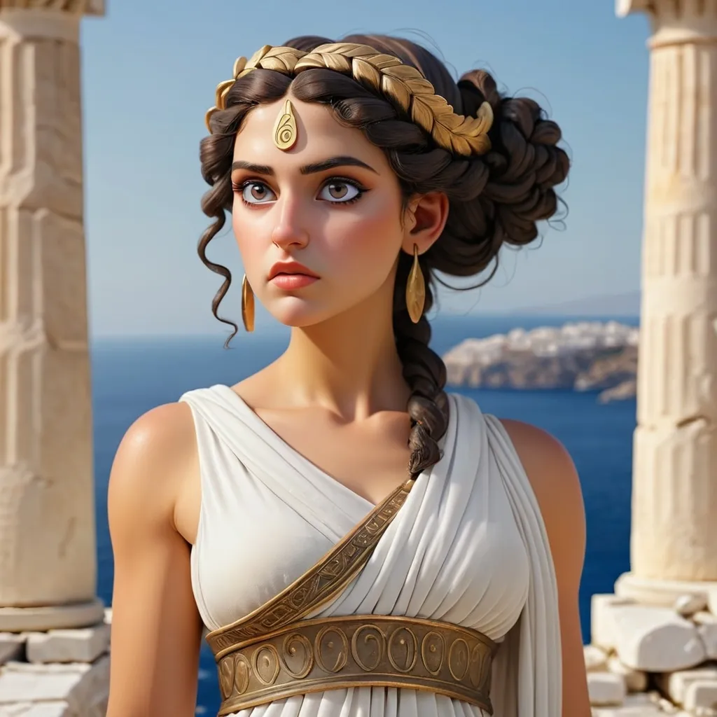 Prompt: Greek woman, with Greek hairstyle, mythology, look