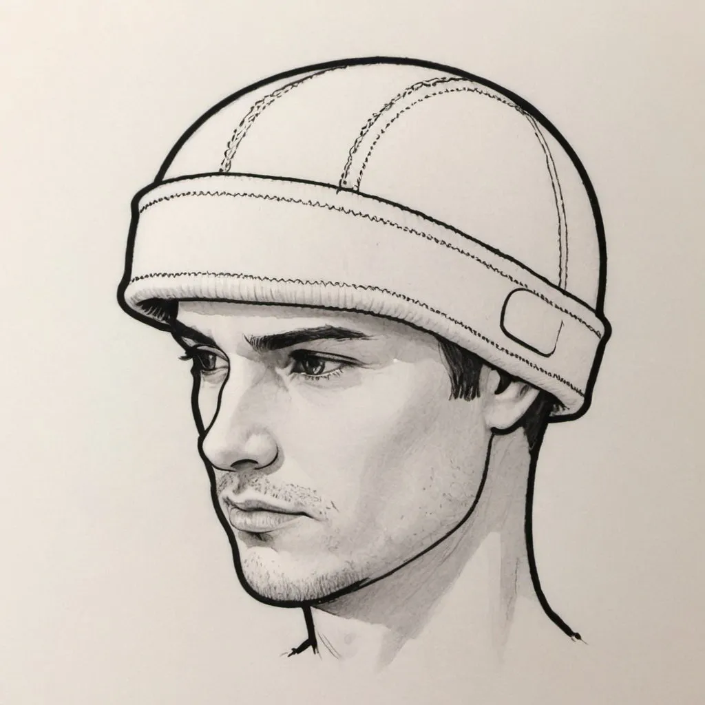 Prompt: do a cross-section of a beanie drawing. Please use the drawing style of a product design. Note it is also a helmet so it needs to have 3 layers