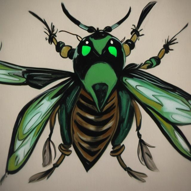 Prompt: Create mean looking flying Hornets mascot using colors green black white and hold and native american coastal art