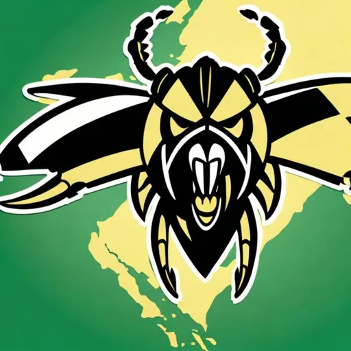 Prompt: Create mean looking  Hornets mascot using colors green black white and gold and native american coastal art