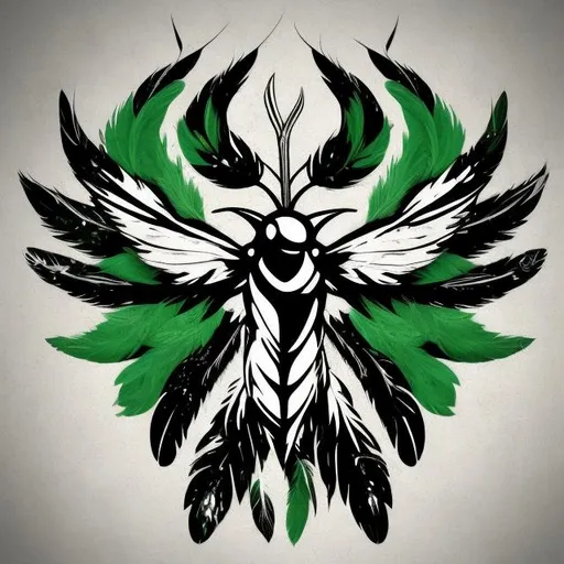 Prompt: Make hornet market logo with colors green black white gold and use feathers