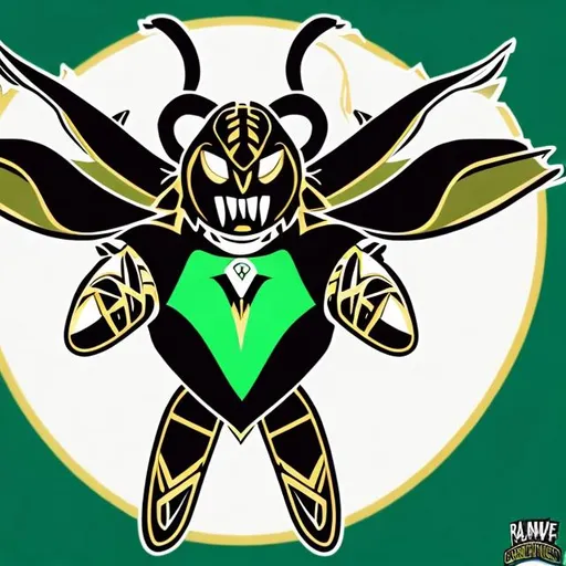 Prompt: Create mean looking  Hornets mascot using colors green black white and gold and native american  art