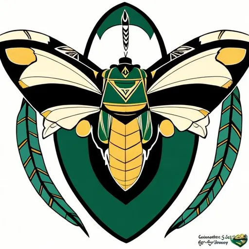 Prompt: Create hornets school mascot using the colors green black white and gold and using native american art