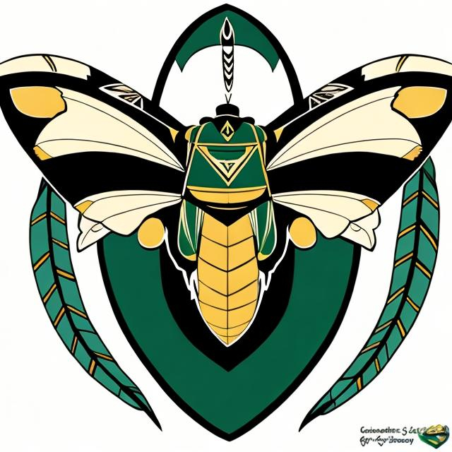 Prompt: Create hornets school mascot using the colors green black white and gold and using native american art