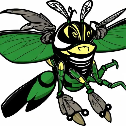 Prompt: Create mean looking flying Hornets mascot using colors green black white and gold and native american coastal art