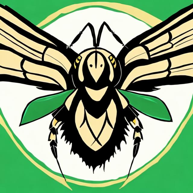 Prompt: Create hornets school mascot using the colors green black white and gold and using native american art