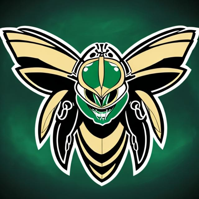 Prompt: Create mean looking  Hornets mascot using colors green black white and gold and native american coastal art