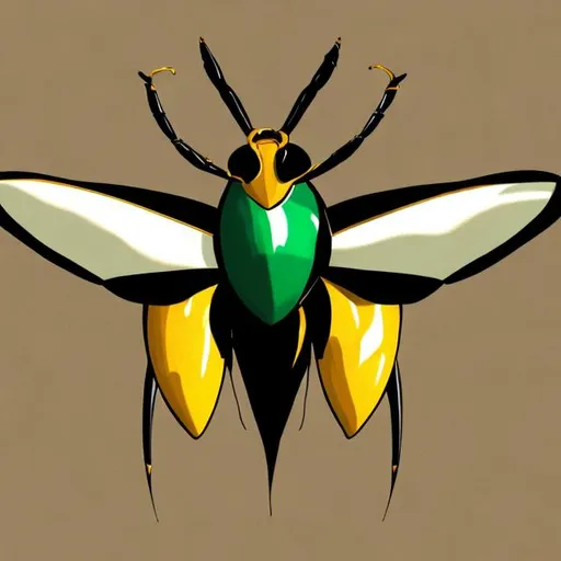 Prompt: Create realistic picture of hornet with colors green black white and gold and native american art