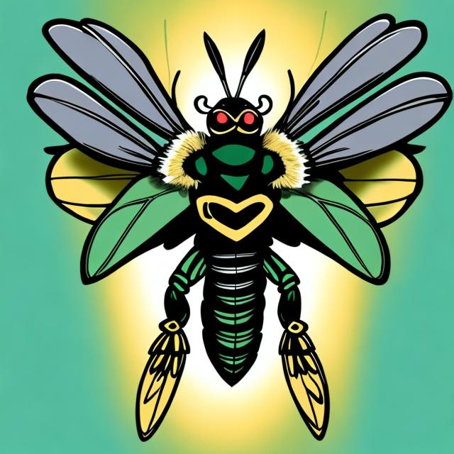 Prompt: Create mean looking flying Hornets mascot using colors green black white and gold and native american coastal art