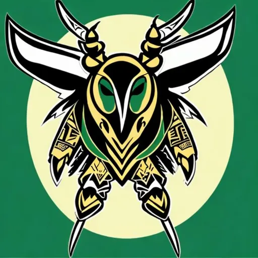 Prompt: Create mean looking  Hornets mascot using colors green black white and gold and native american  art