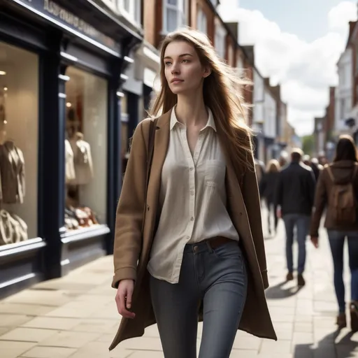 Prompt: Tall young woman walking down the high street, detailed clothing, realistic, natural lighting