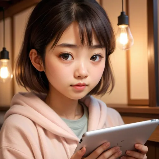 Prompt: Cute japanese girl drawing on an iPad, digital illustration, cozy and warm atmosphere, soft and pastel tones, detailed facial features, focused expression, warm lighting, best quality, highres, digital art, cozy atmosphere, pastel tones, detailed eyes, soft design, professional, warm lighting