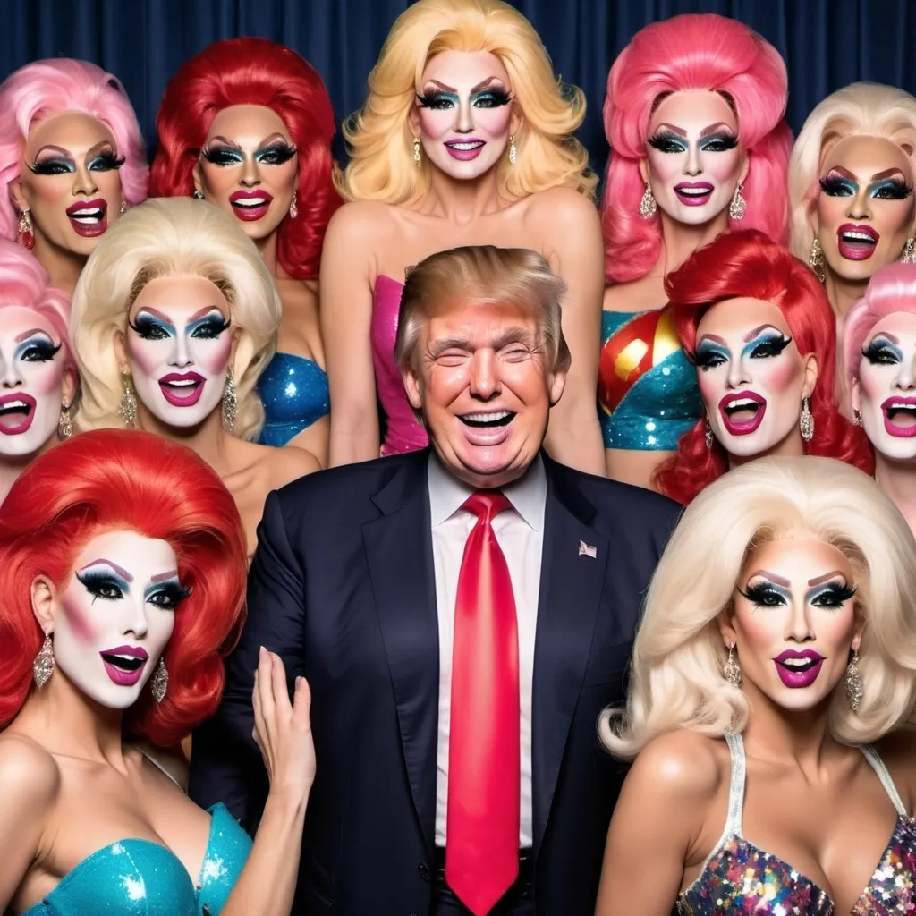 Prompt: Create an image of Donald Trump happily surrounded by drag queens