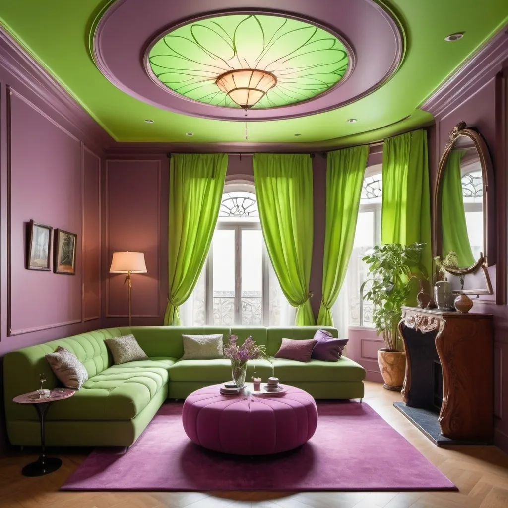 Prompt: contemporary interior and furniture with mauve painted walls or wallpaper and ceiling fluo green with references to art nouveau
