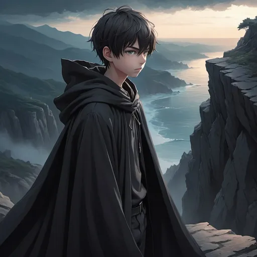 Prompt: Anime illustration of a boy in a black cloak, on top of a cliff, intense and focused gaze, detailed fabric with realistic folds, cool tones, atmospheric lighting, anime, highres, detailed eyes, dramatic, cliffside, cool tones