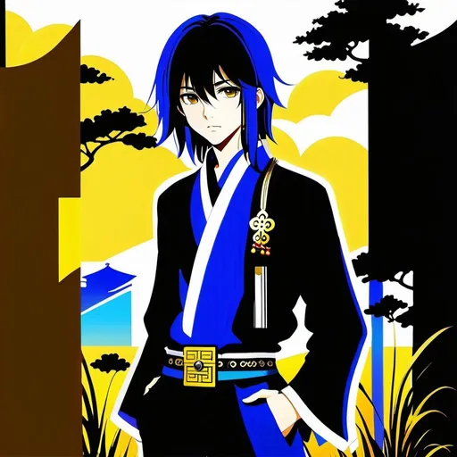 Prompt: Create a high-contrast anime-style illustration of a 16-year-old teenage boy with dark hair. He is dressed in black pants and a white haori adorned with intricate patterns, worn over a black shirt with golden buttons. The boy wears a belt equipped with multiple pouches designed for storing various useful items. His gaze is directed towards the camera with a sense of curiosity and determination as he wanders through a vast plain filled with tall grass, the sunlight casting dramatic shadows and highlights across the scene.