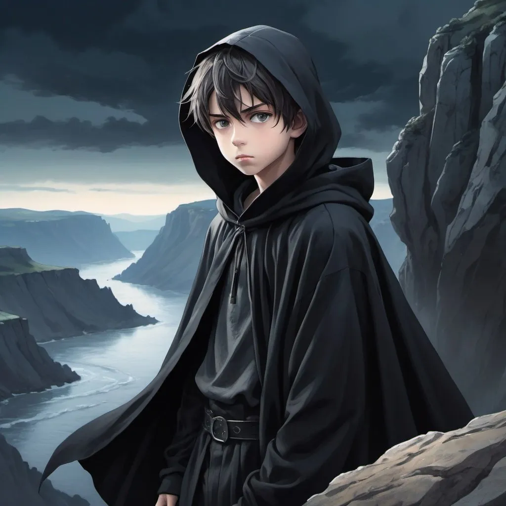 Prompt: Anime illustration of a boy in a black cloak, on top of a cliff, intense and focused gaze, detailed fabric with realistic folds, cool tones, atmospheric lighting, anime, highres, detailed eyes, dramatic, cliffside, cool tones