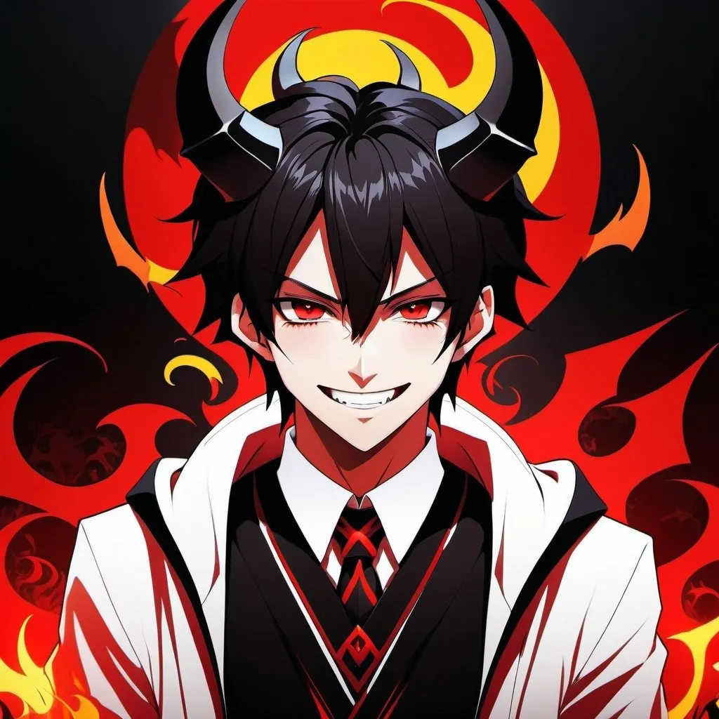 Prompt: Anime illustration of a man with black and red hair and clothing, detailed devilish background, hellish background, highres, ultra-detailed, anime, detailed clothing, detailed background, cool tones, atmospheric lighting, white simple clothes, devil powers, devil king, black horns, black crown, evil smile, teeth showing